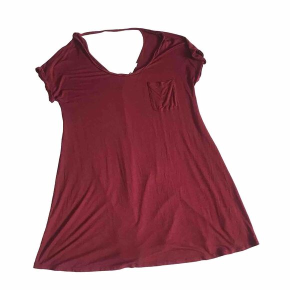 American Eagle Soft & Sexy Burgundy Red Swing Flowy Shift Dress S/S V Back S EUC - Picture 1 of 8